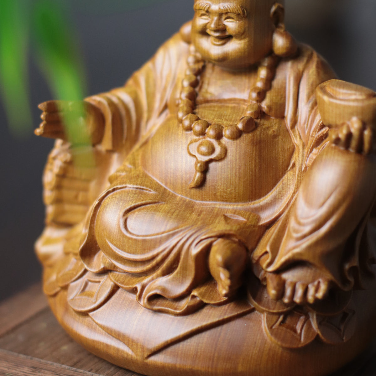 Maitreya Buddha Statue - Cypress Wood, Zen Desk Decor – additional view 3
