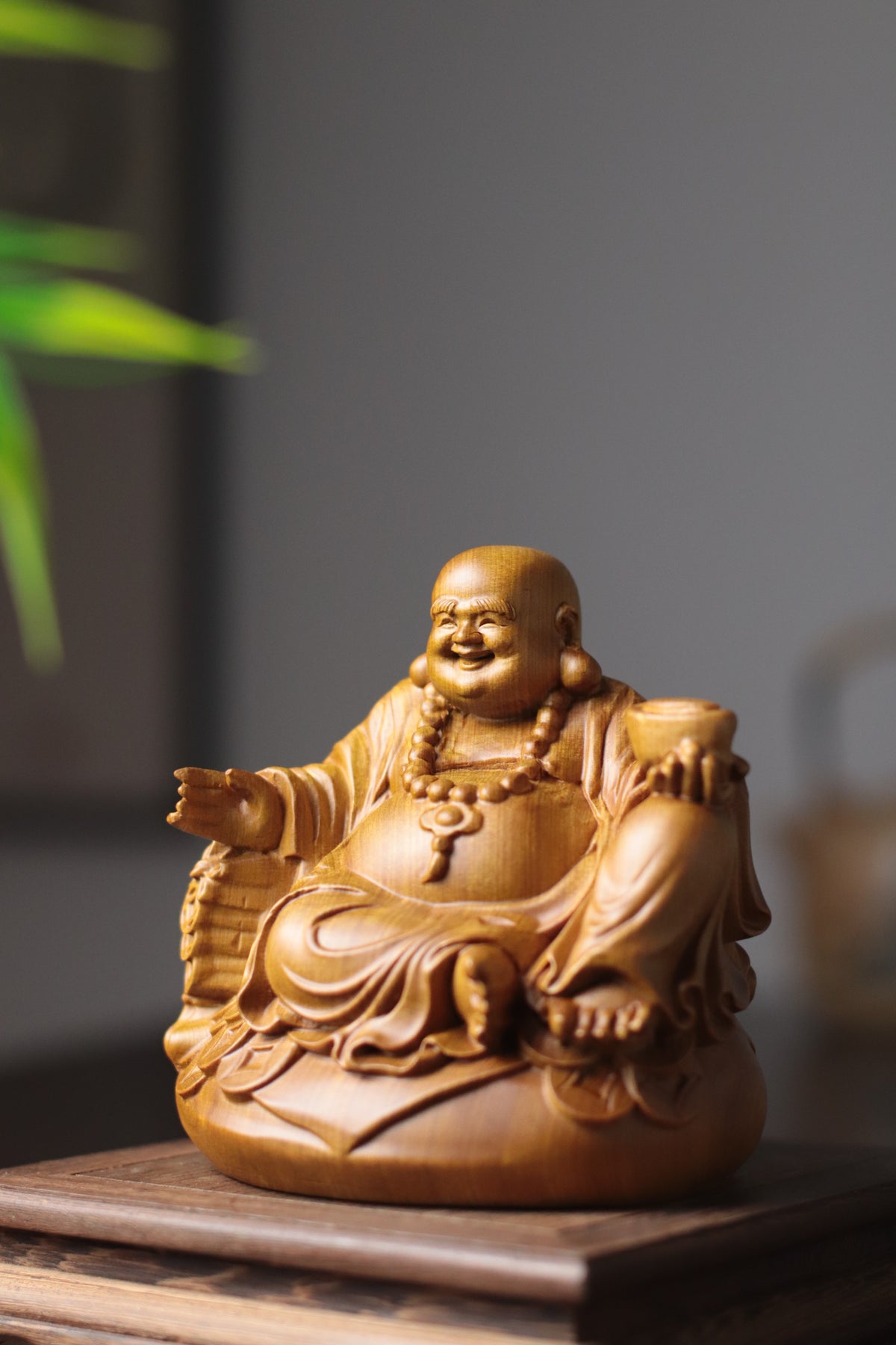 Maitreya Buddha Statue - Cypress Wood, Zen Desk Decor – additional view 4
