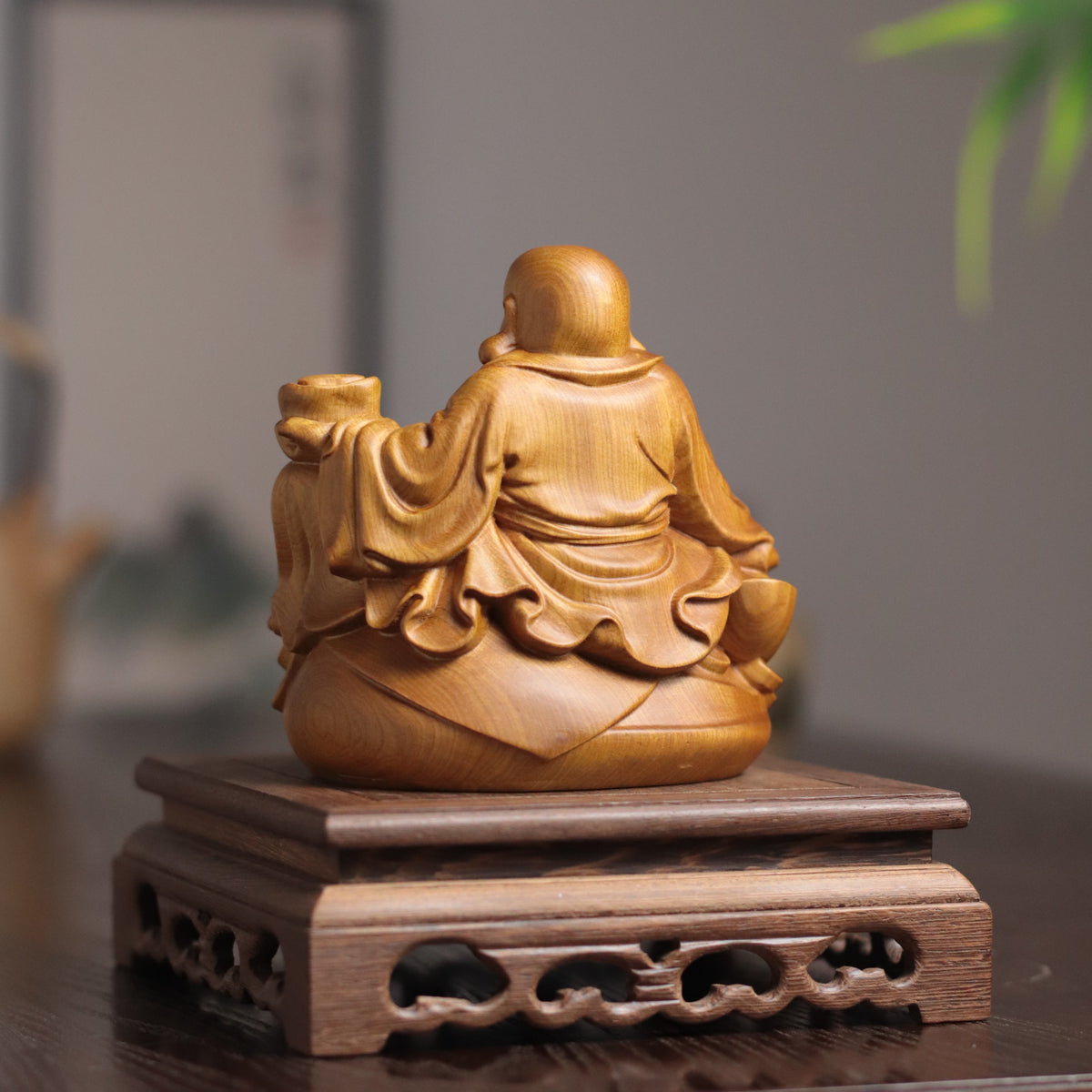 Maitreya Buddha Statue - Cypress Wood, Zen Desk Decor – additional view 5
