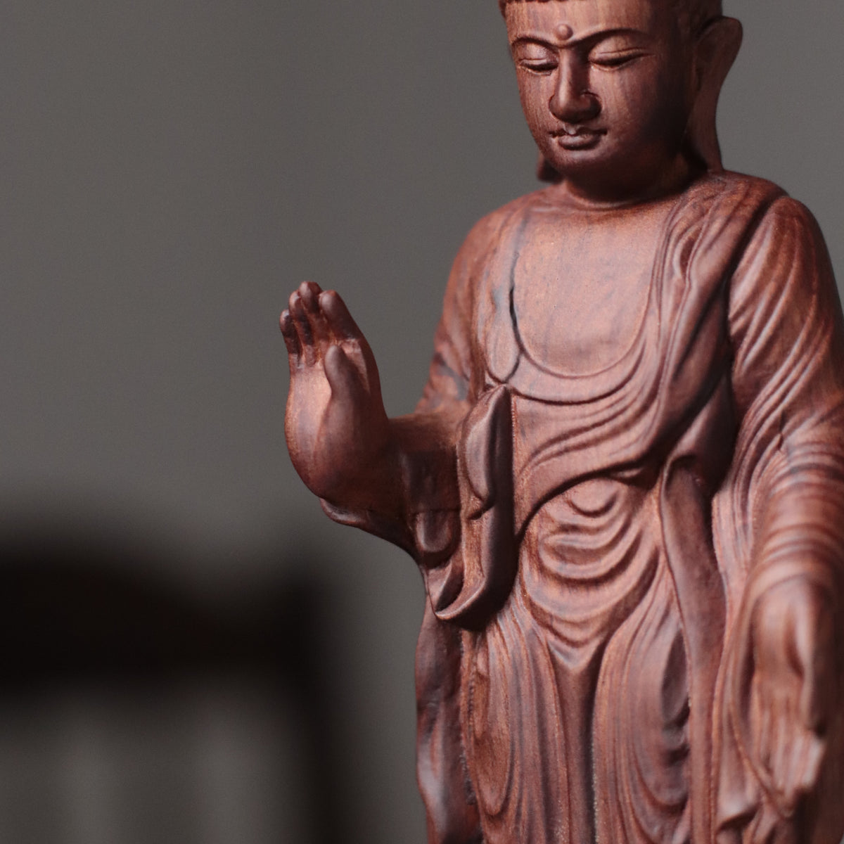Amitabha Buddha Statue - Padauk Wood, Raigo Mudra – additional view 4
