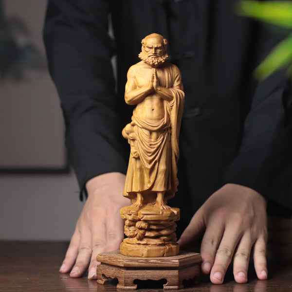 Standing Bodhidharma Statue - Cypress, Anjali Mudra