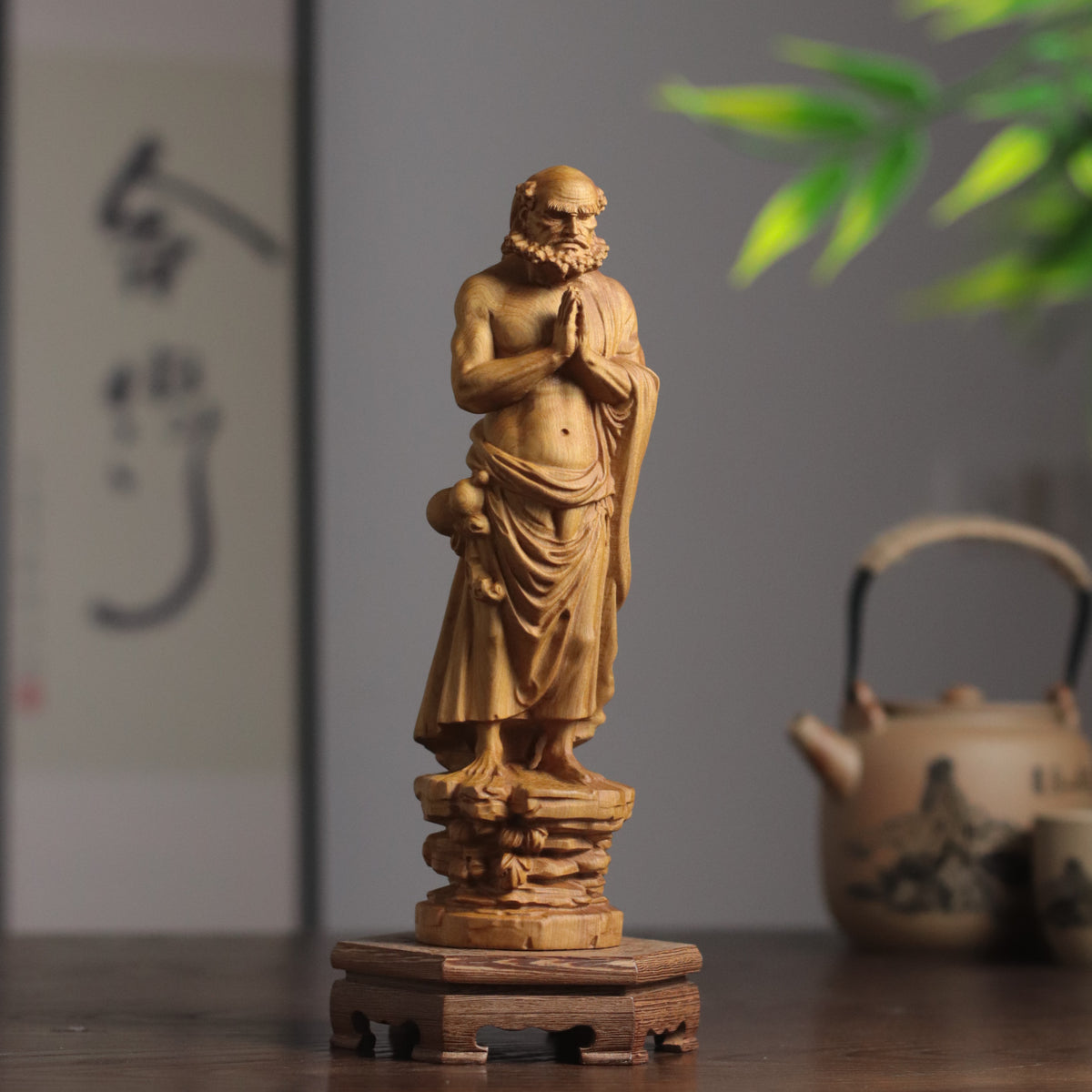 Standing Bodhidharma Statue - Cypress, Anjali Mudra – additional view 6