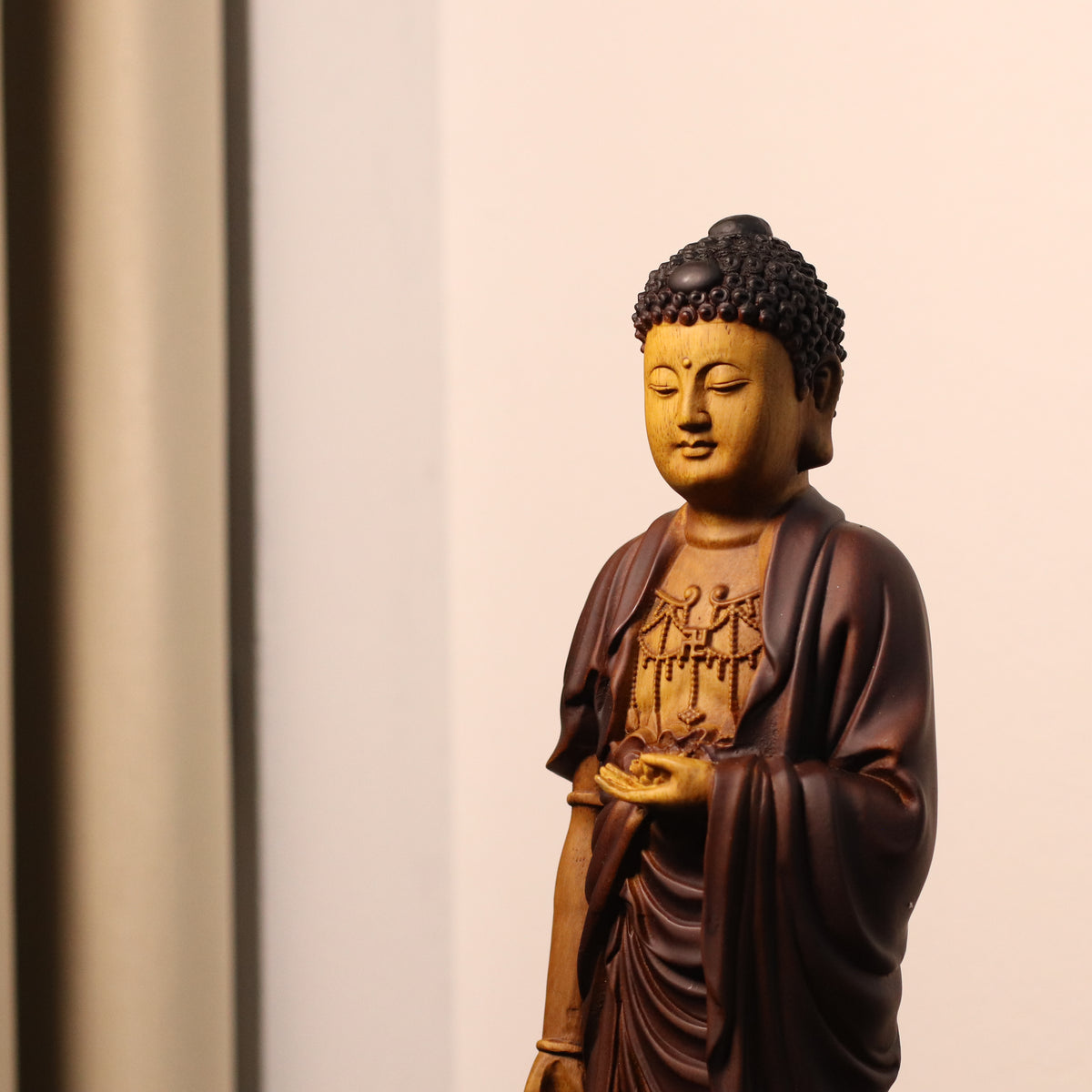 Amitabha Buddha Statue - Golden Rosewood, Standing Tall – additional view 2
