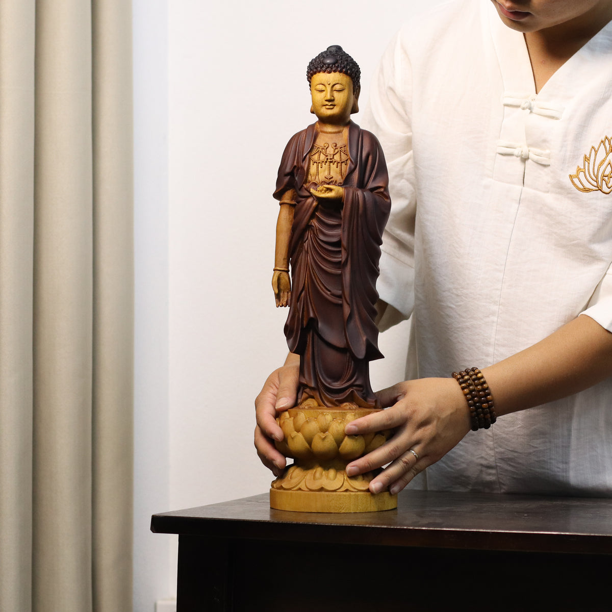 Amitabha Buddha Statue - Golden Rosewood, Standing Tall – additional view 4