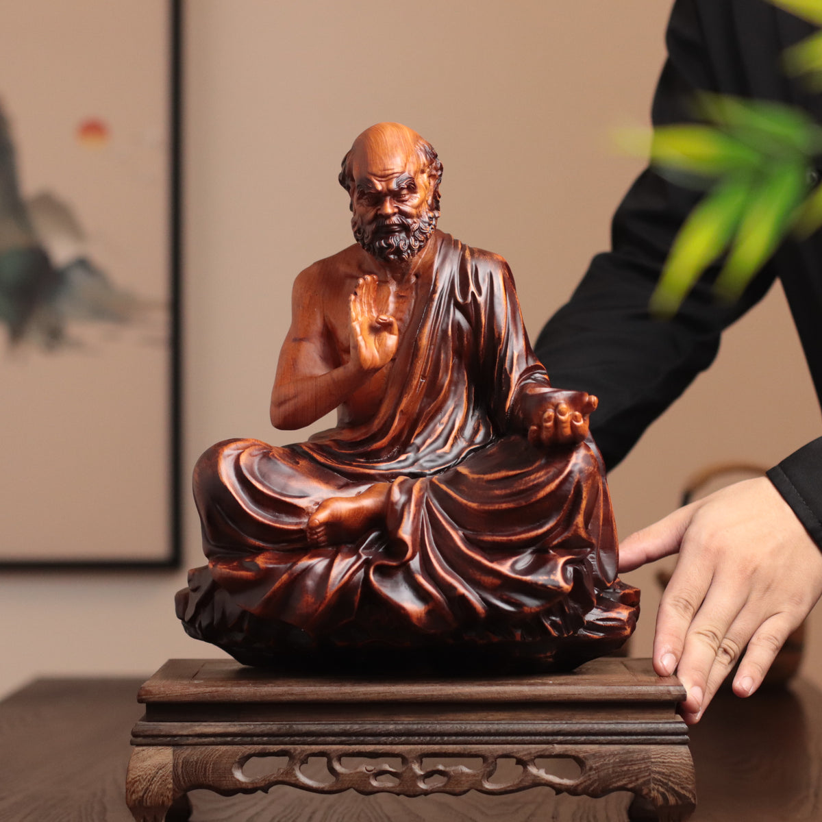 Seated Bodhidharma Statue - Padauk Wood, 11.8-In