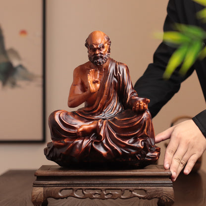 Seated Bodhidharma Statue - Padauk Wood, 11.8-In