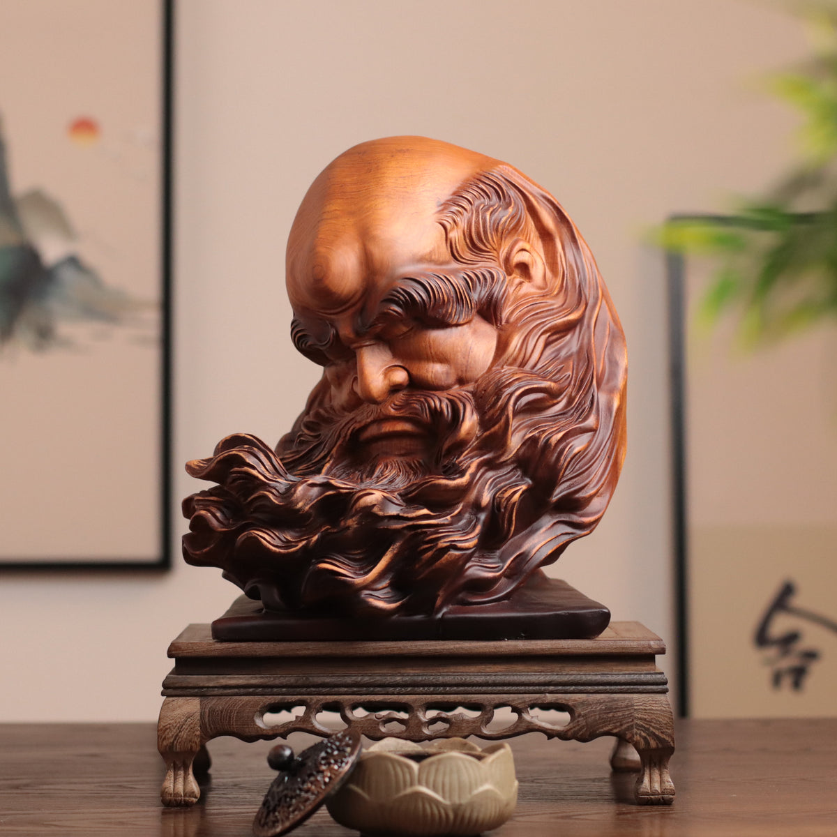 Bodhidharma Head Sculpture - Padauk Wood, 30cm – additional view 4