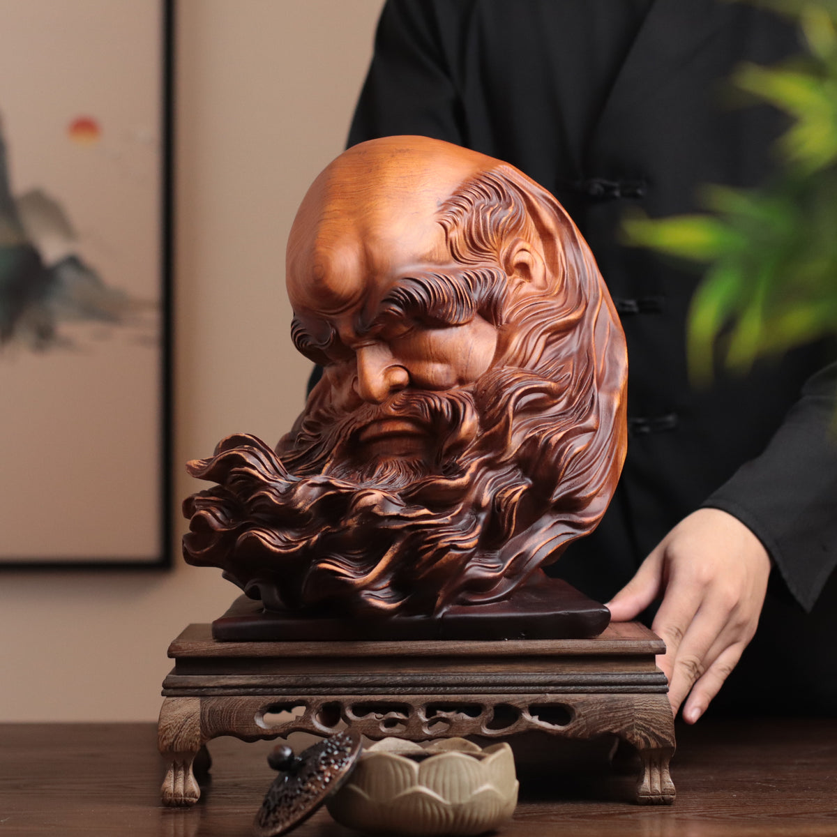 Bodhidharma Head Sculpture - Padauk Wood, 30cm – additional view 5