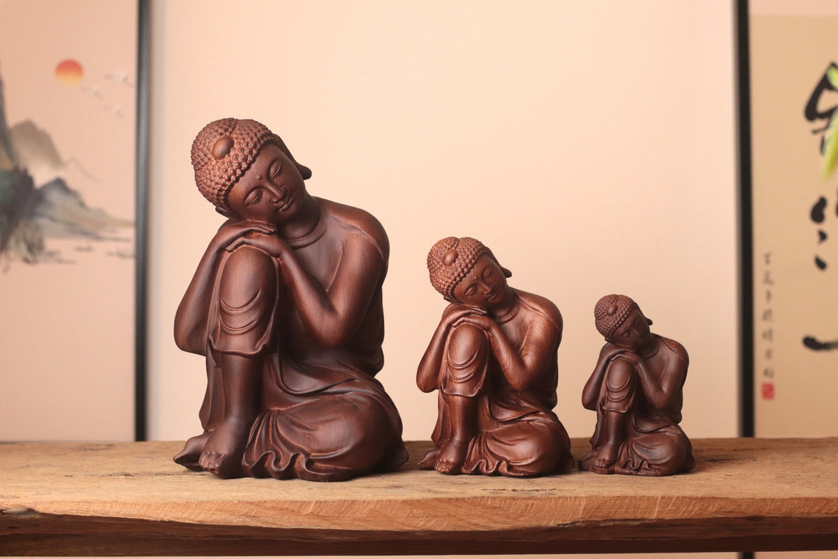 Sleeping Shakyamuni Buddha Wood Statue — Hand-Carved Padauk Zen Decor