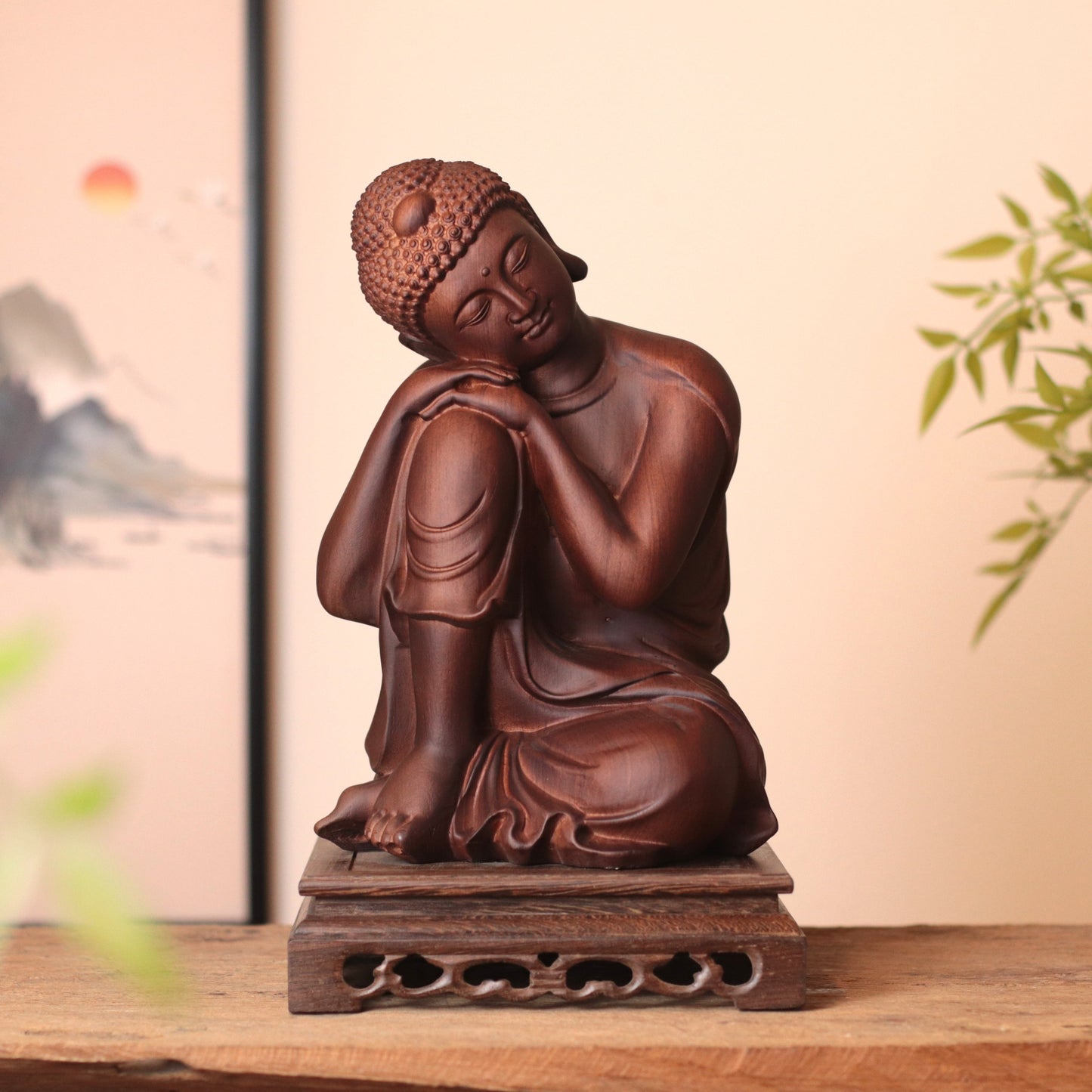 Sleeping Shakyamuni Buddha Wood Statue — Hand-Carved Padauk Zen Decor