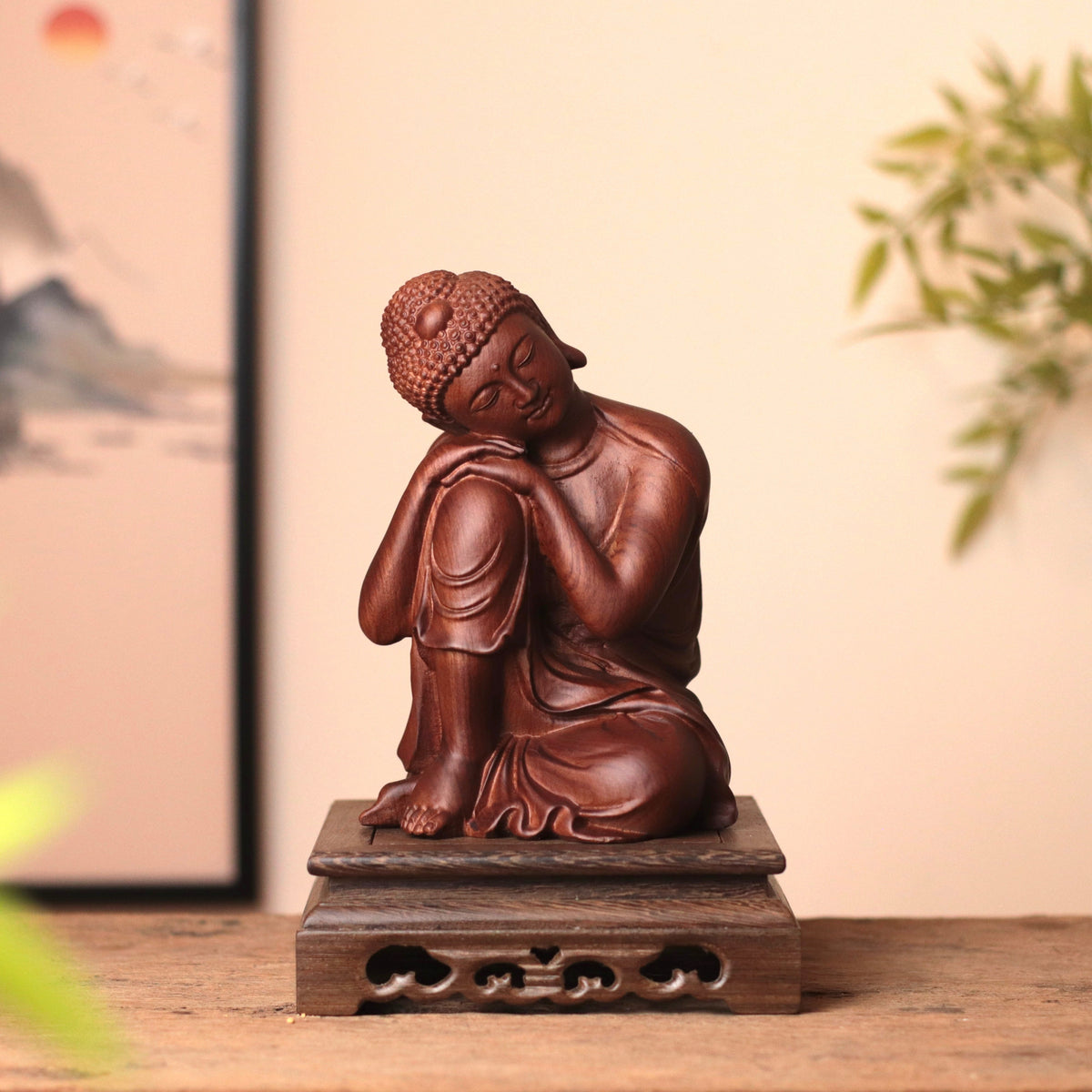 Sleeping Shakyamuni Buddha Wood Statue — Hand-Carved Padauk Zen Decor