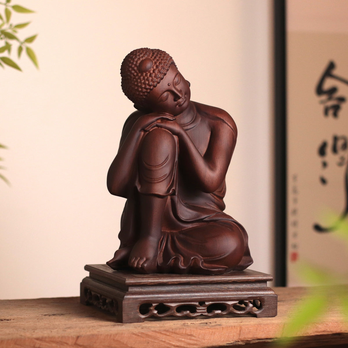 Sleeping Shakyamuni Buddha Wood Statue — Hand-Carved Padauk Zen Decor