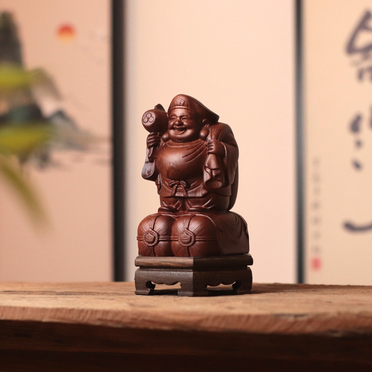 Daikokuten Wood Statue — Hand Carved Japanese God of Wealth