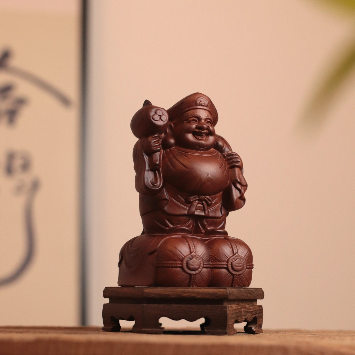 Daikokuten Wood Statue — Hand Carved Japanese God of Wealth