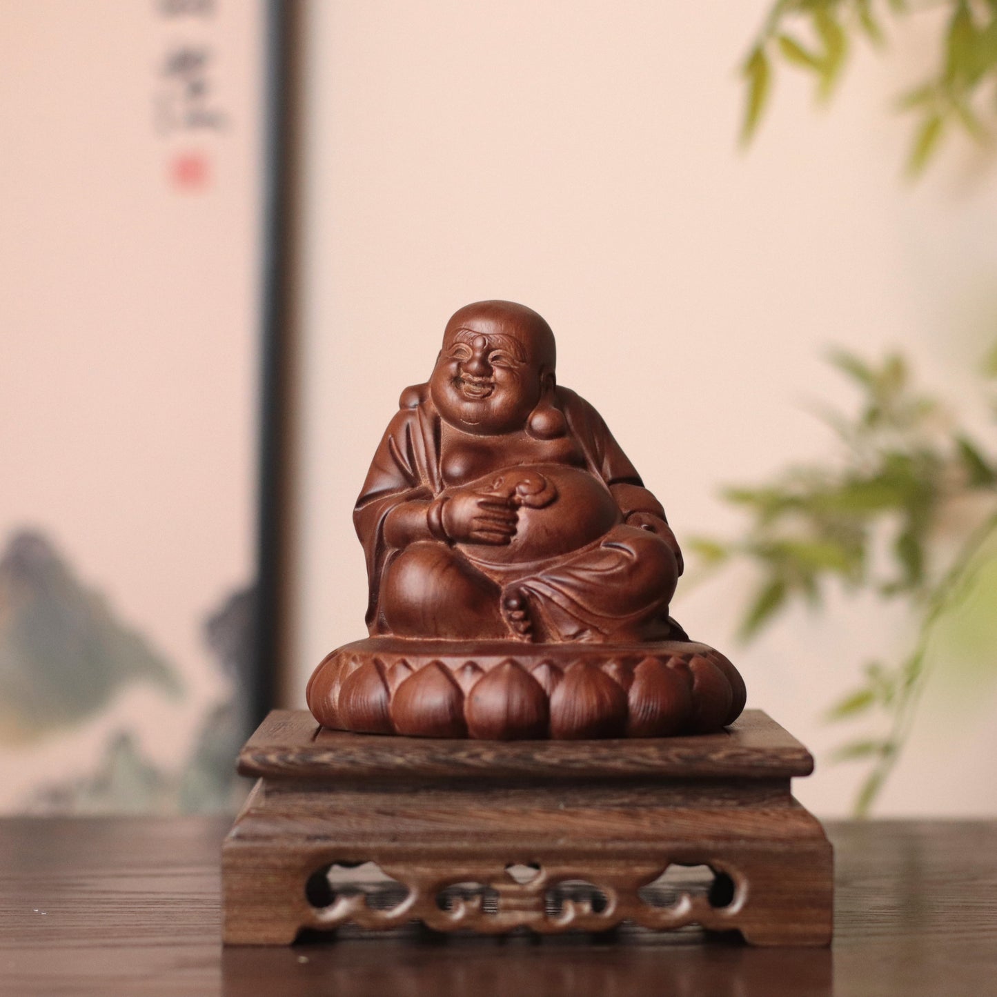 Hand Carved Laughing Buddha Maitreya Statue in Budai form