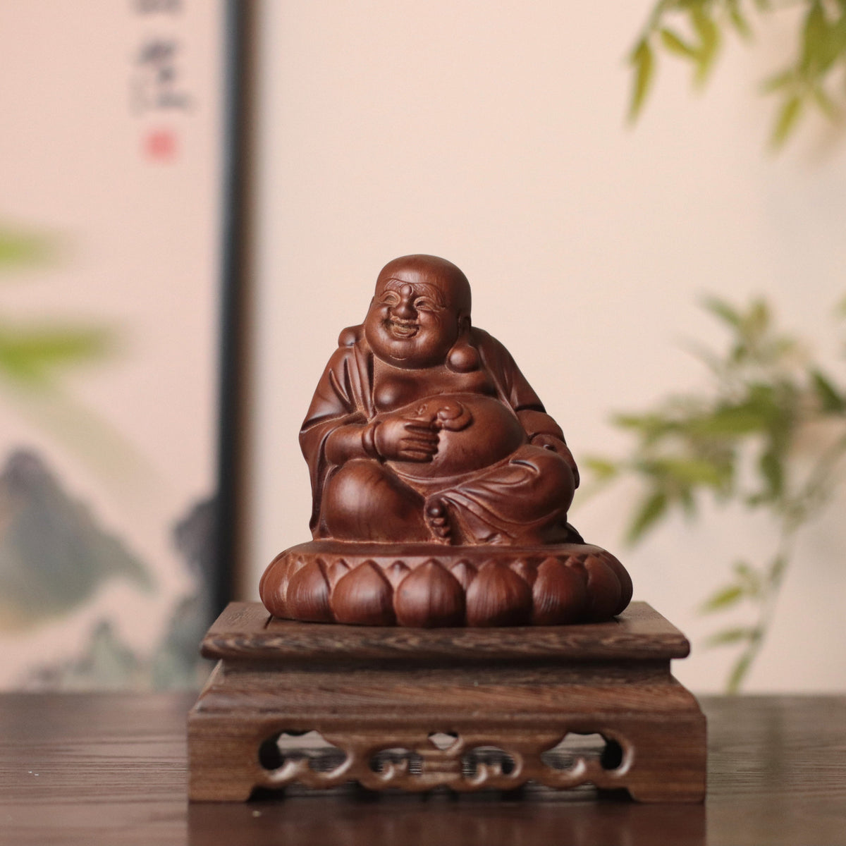 Hand Carved Laughing Buddha Maitreya Statue in Budai form