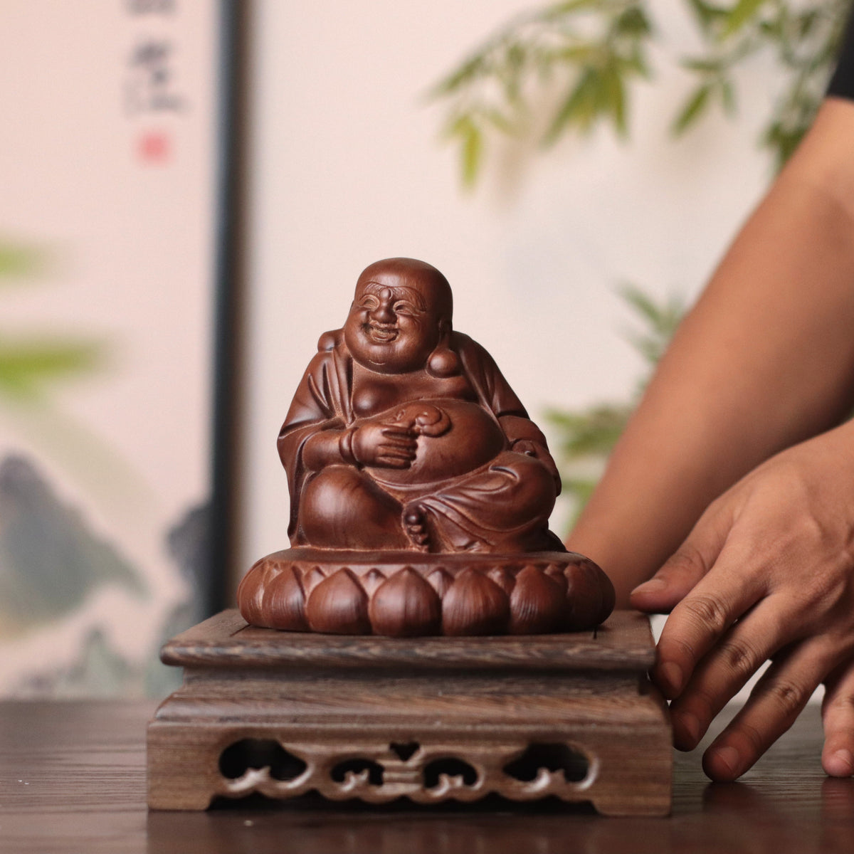 Hand Carved Laughing Buddha Maitreya Statue in Budai form