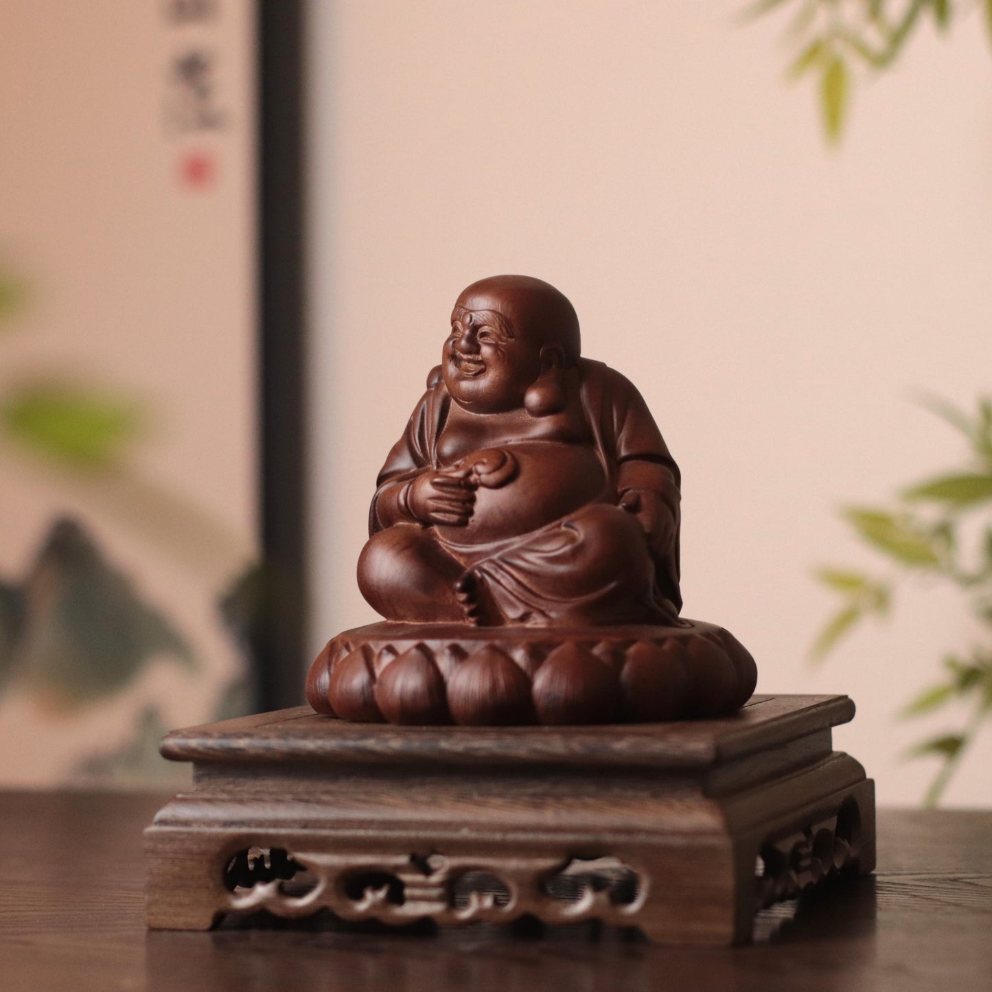 Hand Carved Laughing Buddha Maitreya Statue in Budai form
