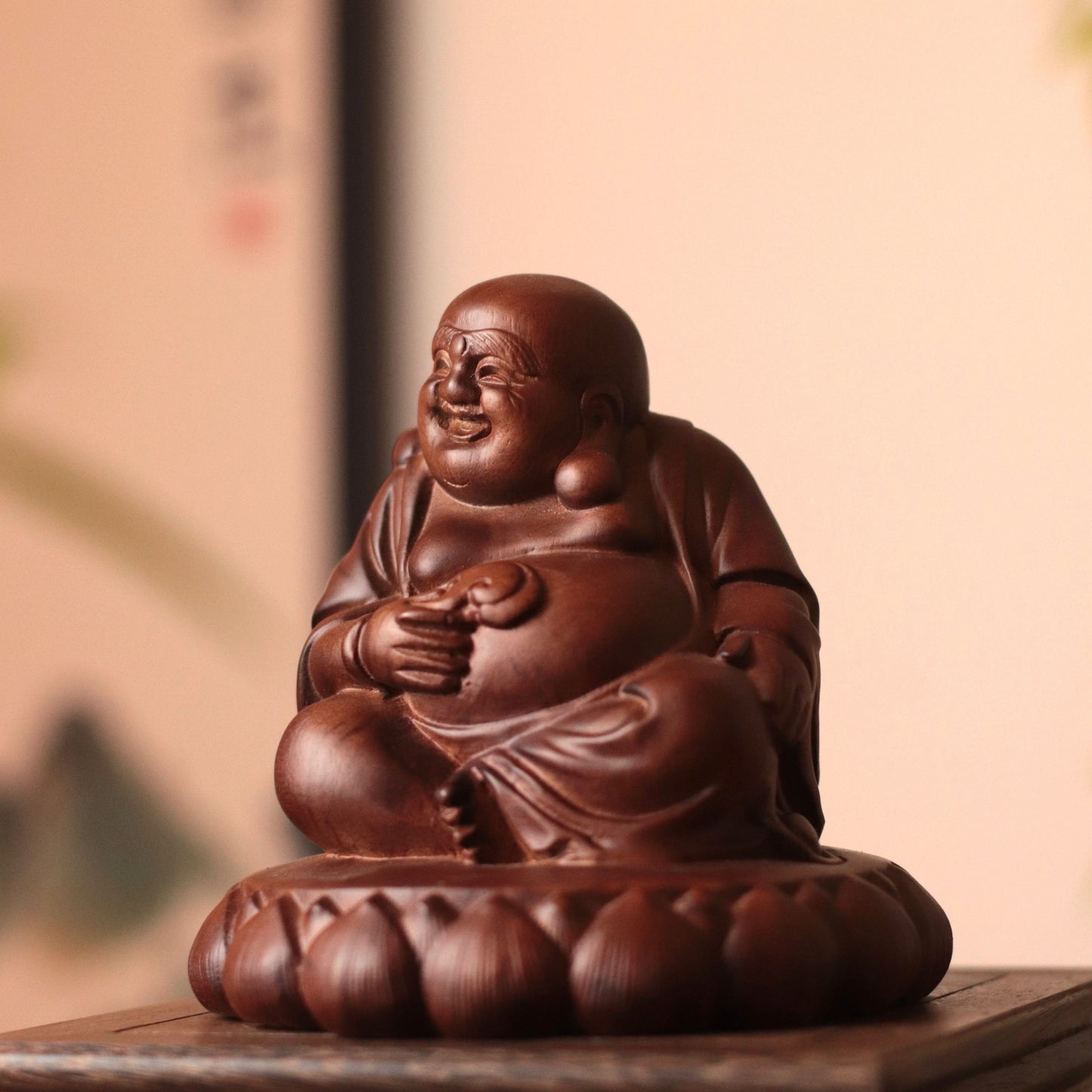 Hand Carved Laughing Buddha Maitreya Statue in Budai form