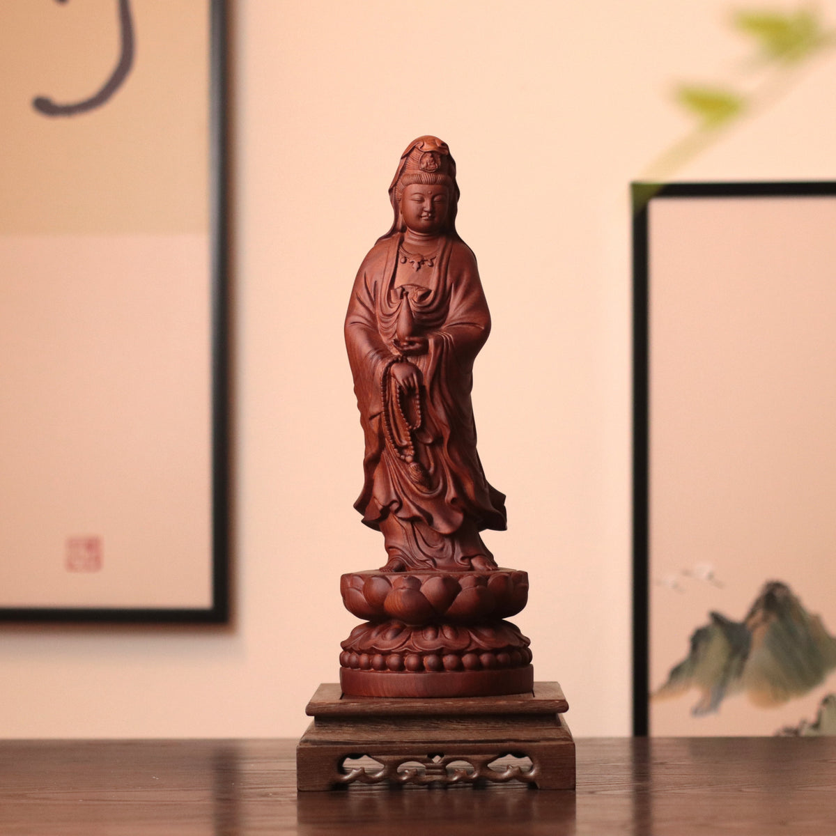 Standing Quan Yin Statue - Padauk Wood, 14-Inch