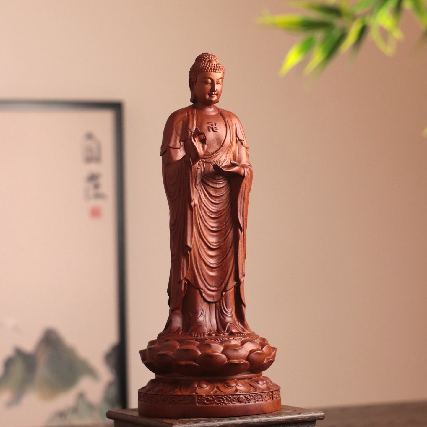 Wooden Standing Amitabha Buddha Statue