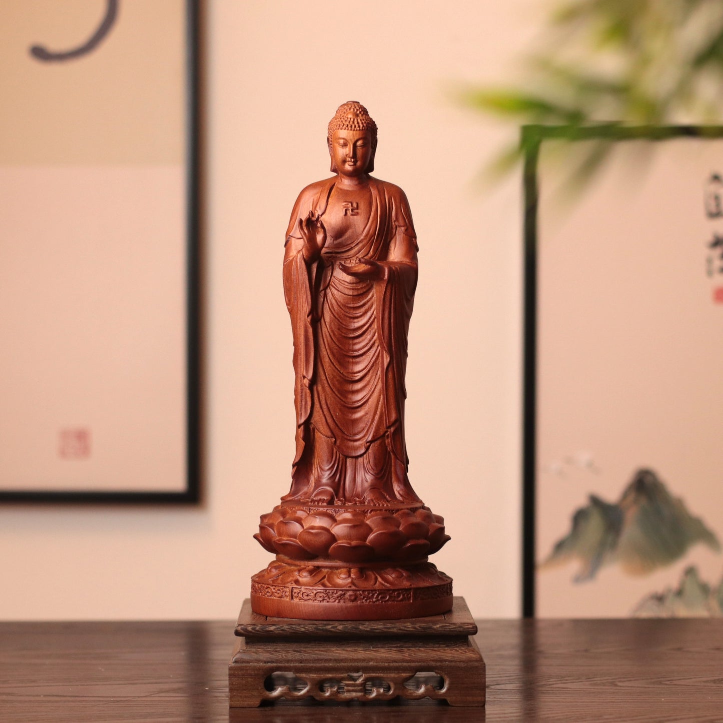 Wooden Standing Amitabha Buddha Statue