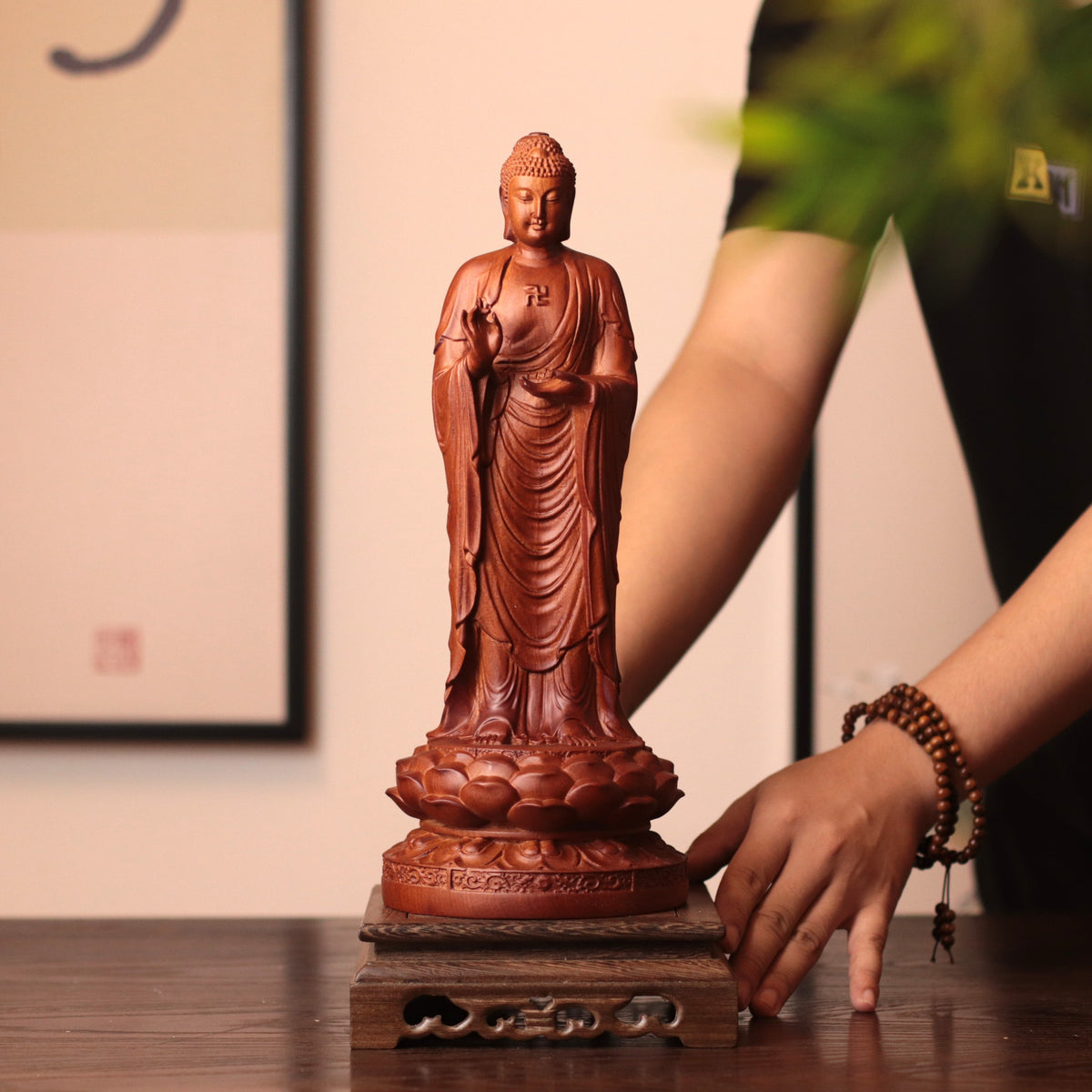 Wooden Standing Amitabha Buddha Statue