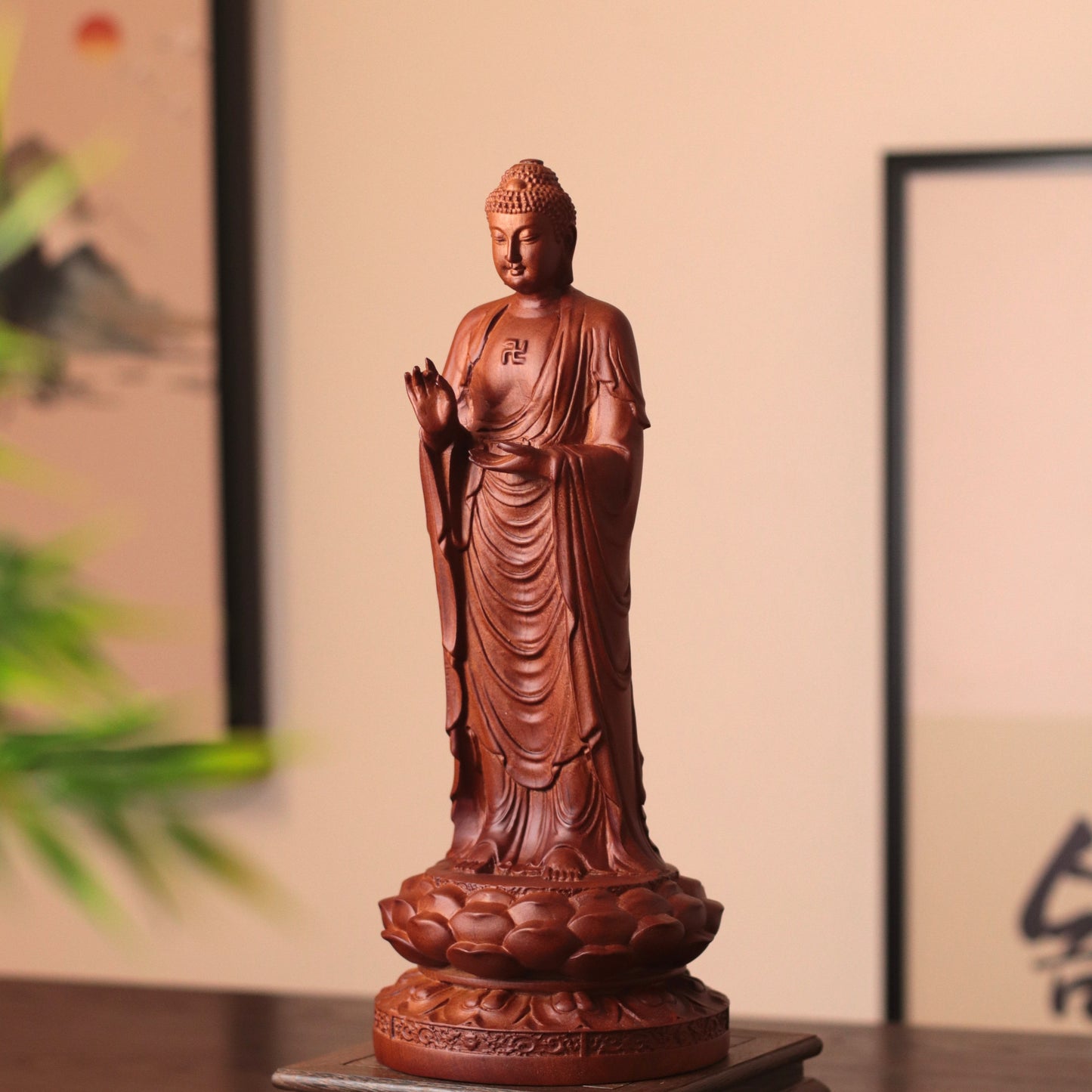 Wooden Standing Amitabha Buddha Statue