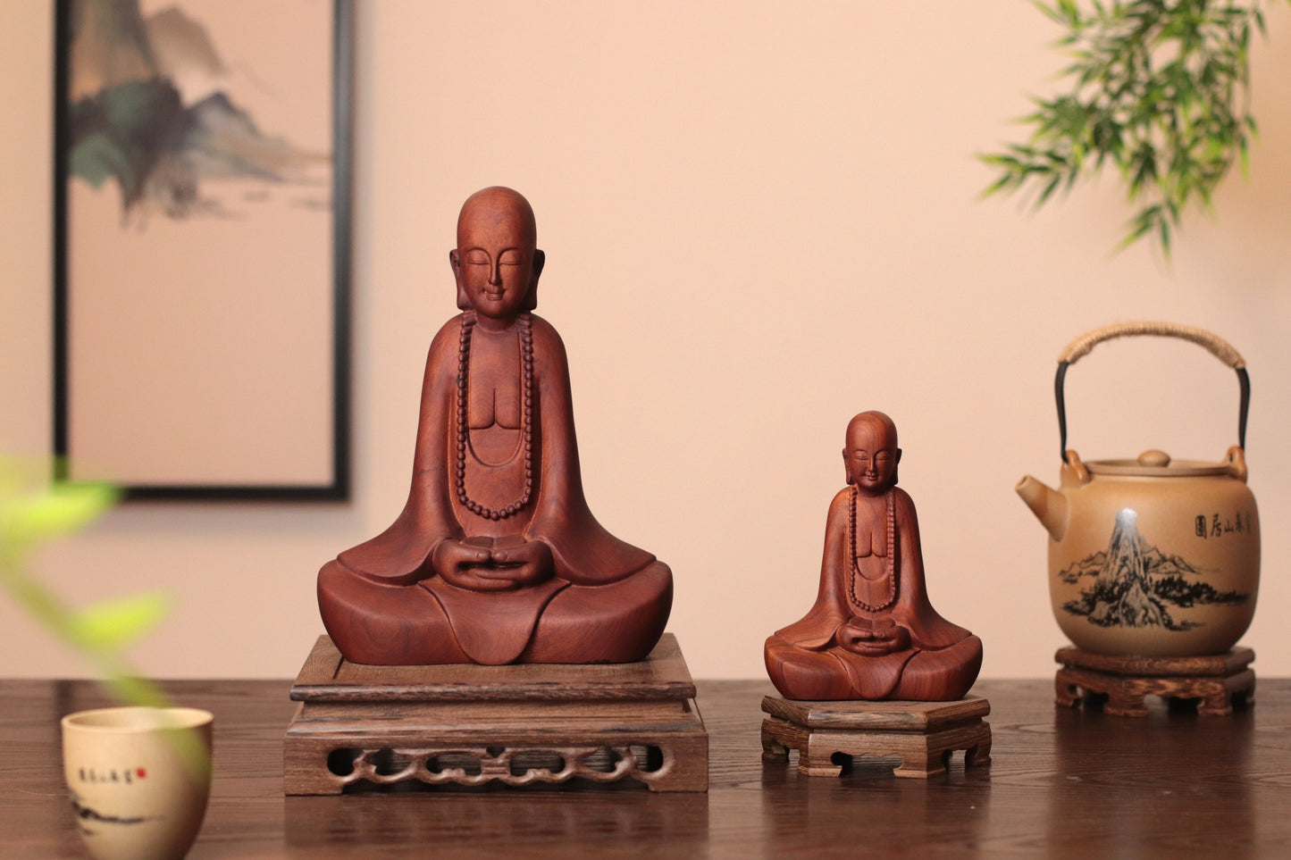 Hand Carved Wooden Zen Monk Statue, Serene Home Decor