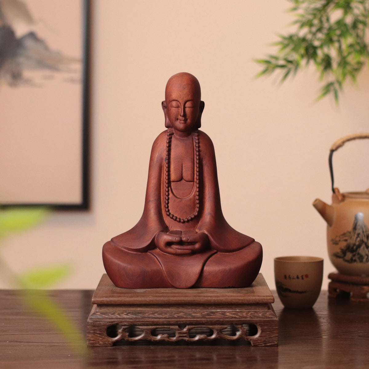 Hand Carved Wooden Zen Monk Statue, Serene Home Decor