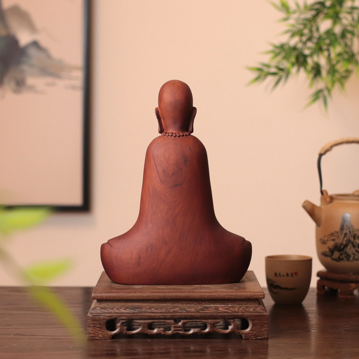 Hand Carved Wooden Zen Monk Statue, Serene Home Decor