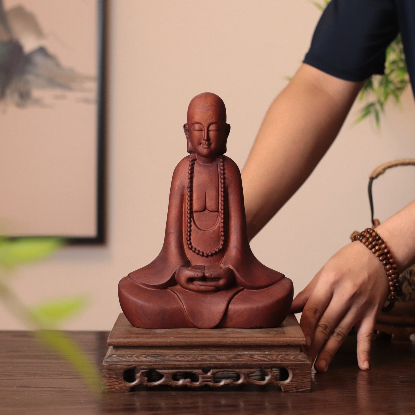 Hand Carved Wooden Zen Monk Statue, Serene Home Decor