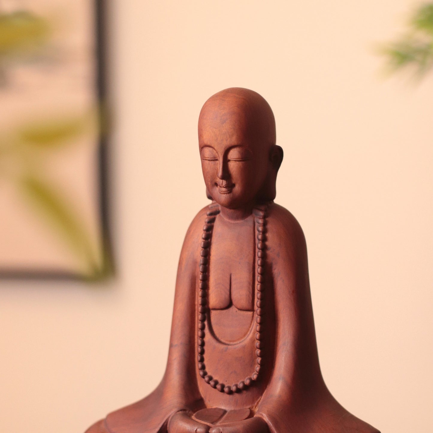 Hand Carved Wooden Zen Monk Statue, Serene Home Decor