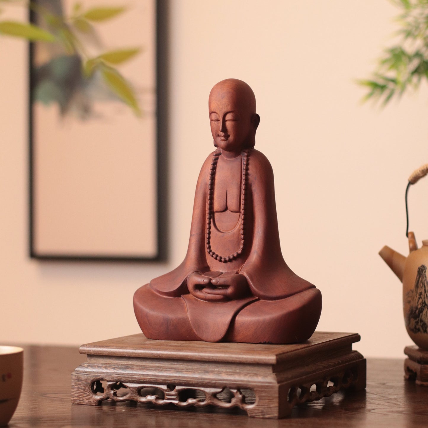 Hand Carved Wooden Zen Monk Statue, Serene Home Decor