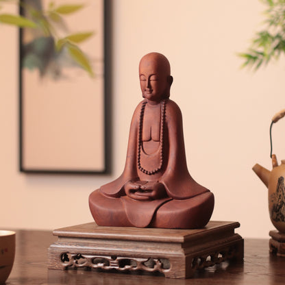 Hand Carved Wooden Zen Monk Statue, Serene Home Decor