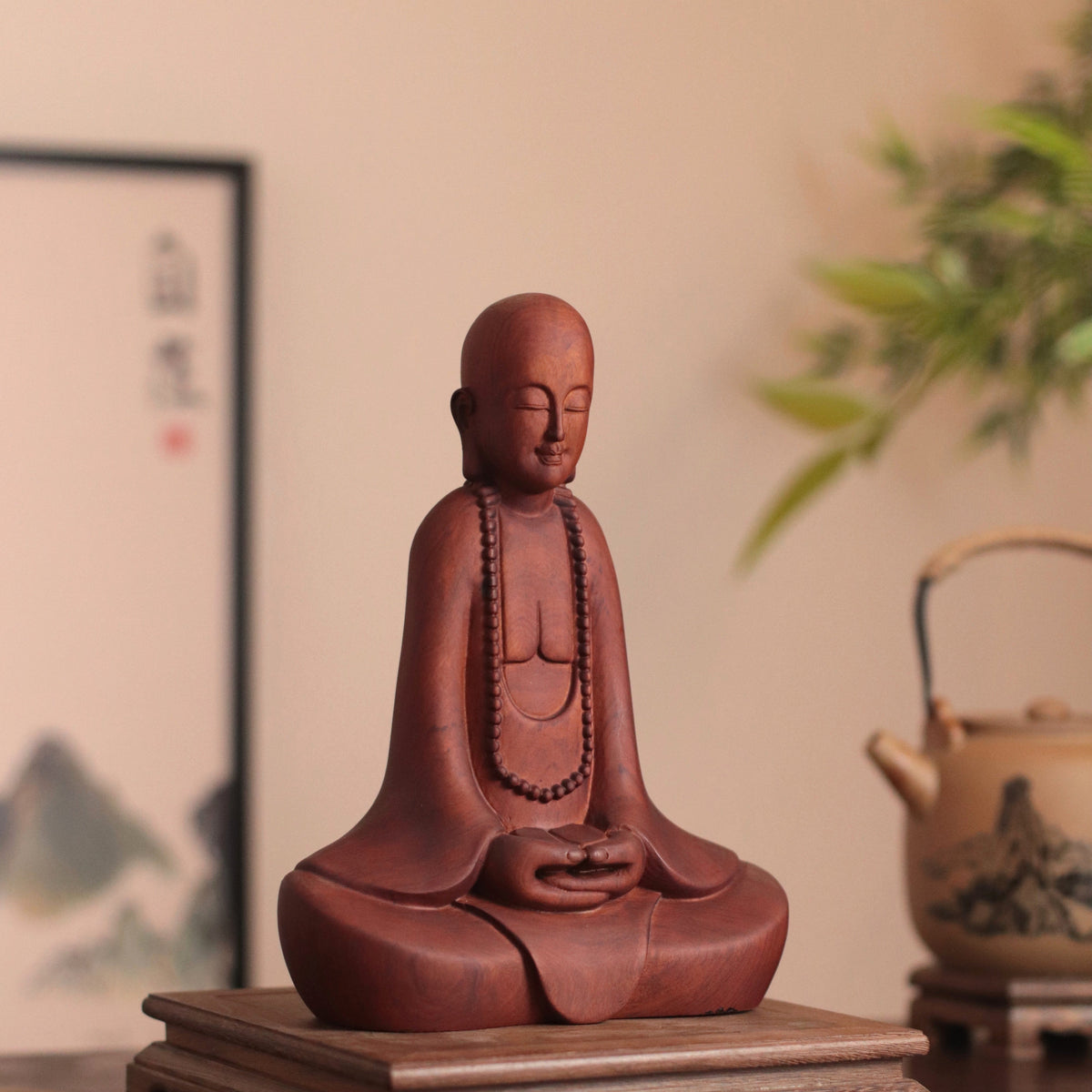 Hand Carved Wooden Zen Monk Statue, Serene Home Decor