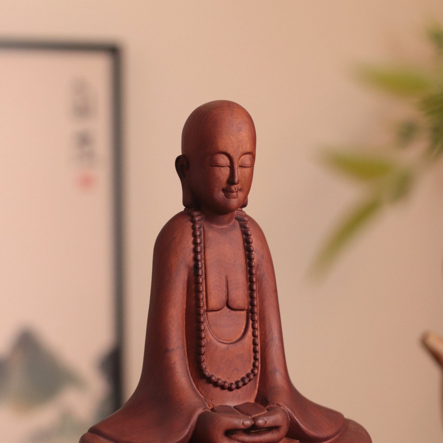 Hand Carved Wooden Zen Monk Statue, Serene Home Decor
