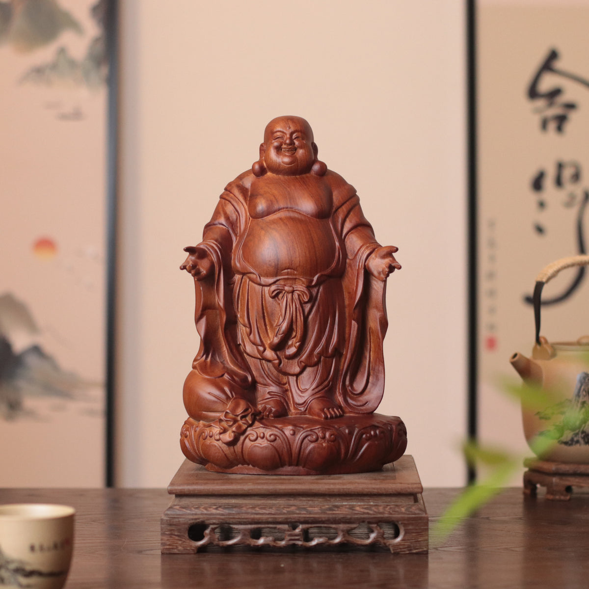 Laughing Buddha Statue - Padauk Wood, Feng Shui Decor