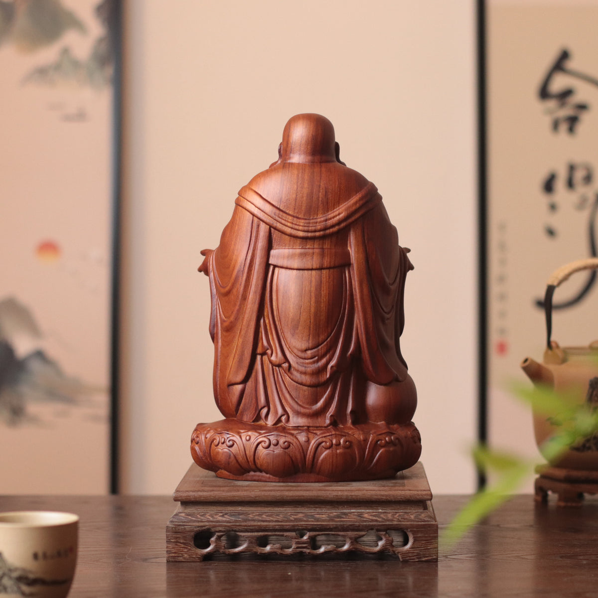 Laughing Buddha Statue - Padauk Wood, Feng Shui Decor – additional view 4