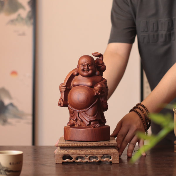Happy Buddha Statue - Padauk Wood, Prosperity Decor