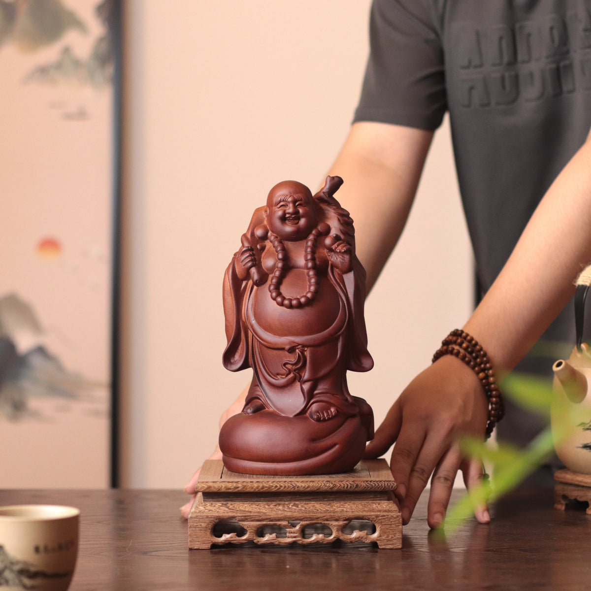 Standing Laughing Buddha - Padauk Wood, Feng Shui Wealth – additional view 2