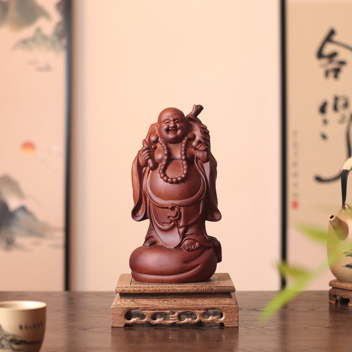Standing Laughing Buddha - Padauk Wood, Feng Shui Wealth – additional view 3