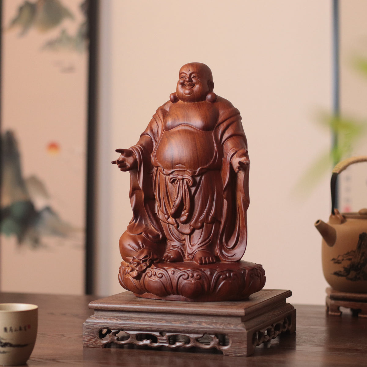 Laughing Buddha Statue - Padauk Wood, Feng Shui Decor – additional view 6