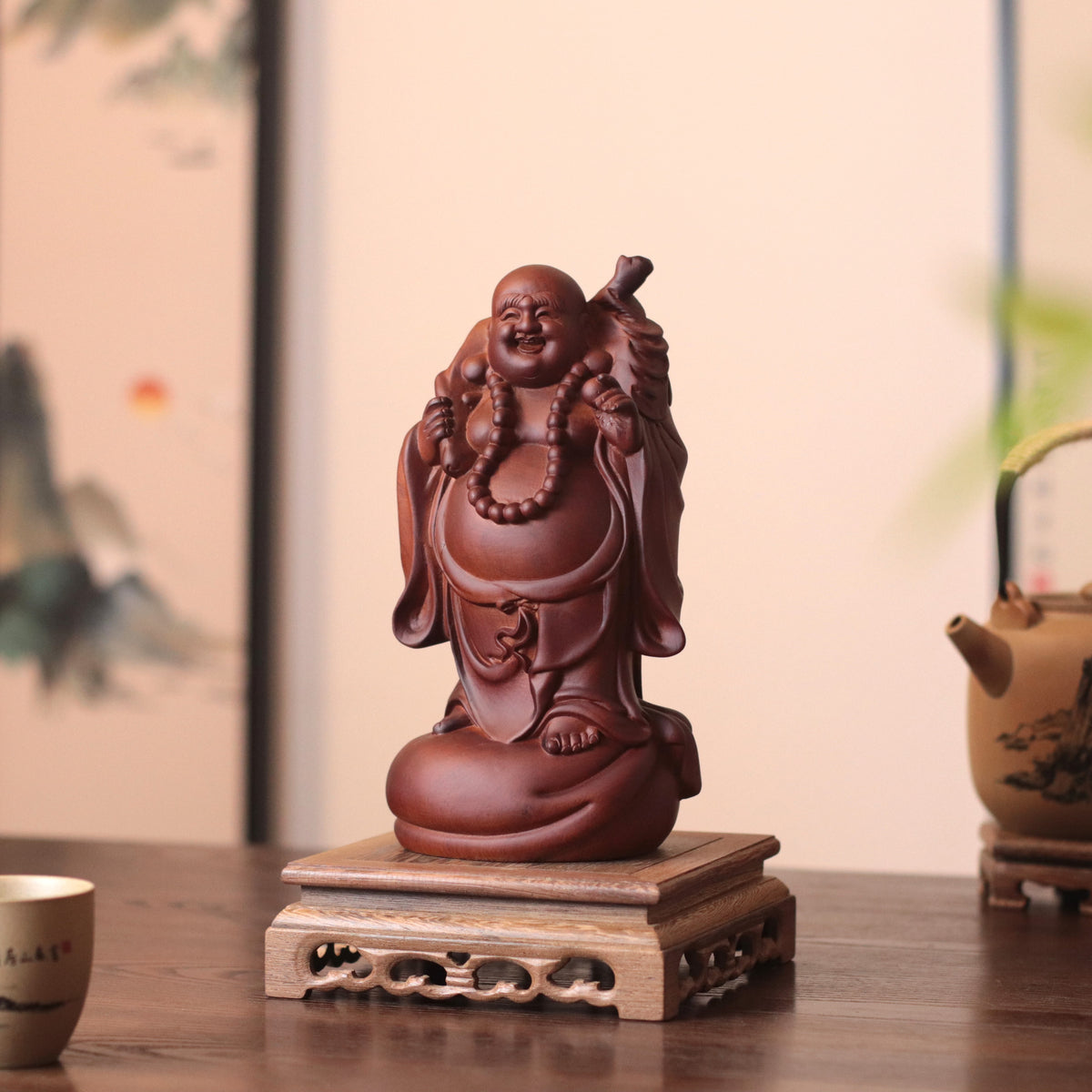 Standing Laughing Buddha - Padauk Wood, Feng Shui Wealth – additional view 4