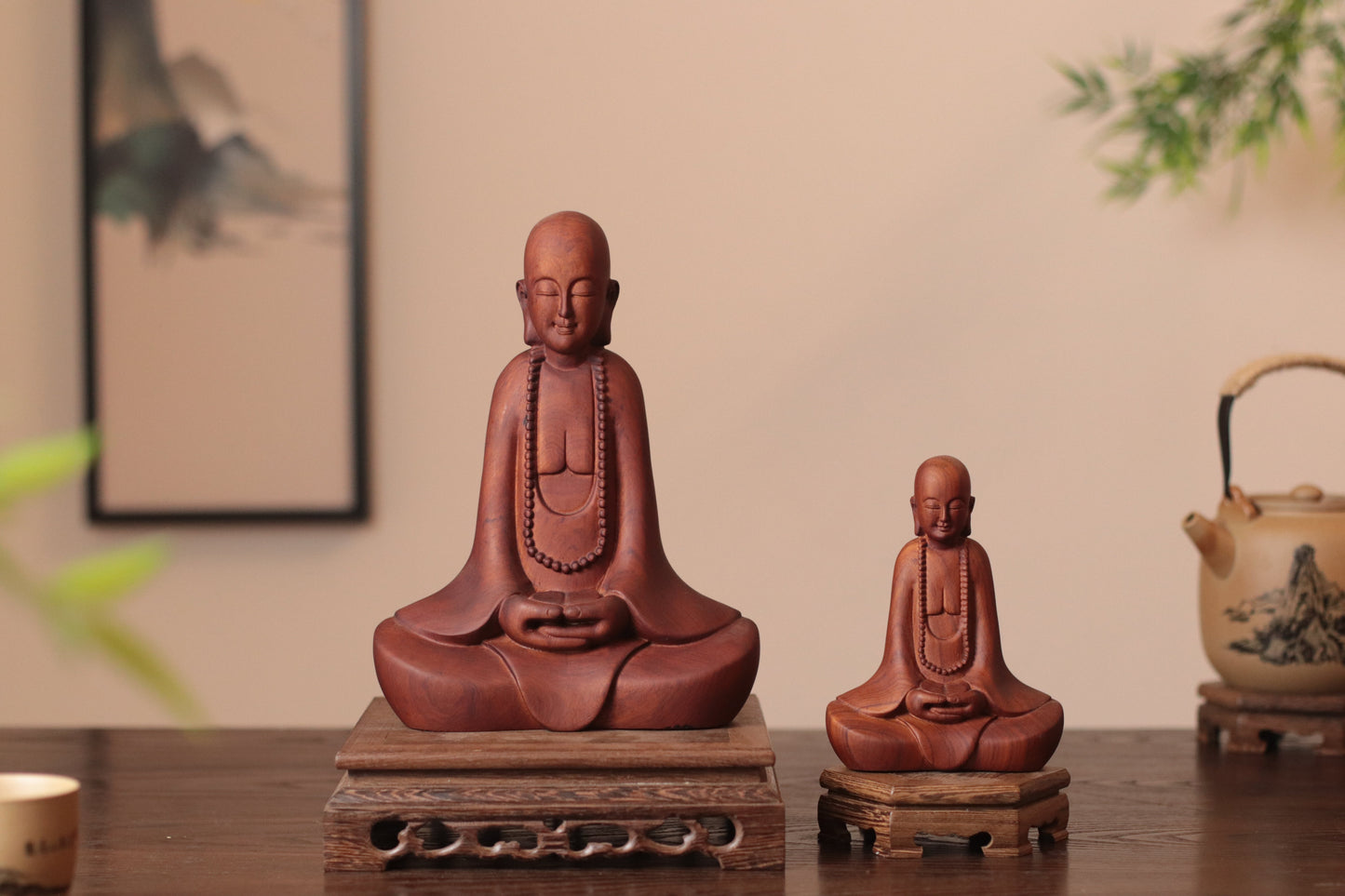 Hand Carved Wooden Zen Monk Statue, Serene Home Decor