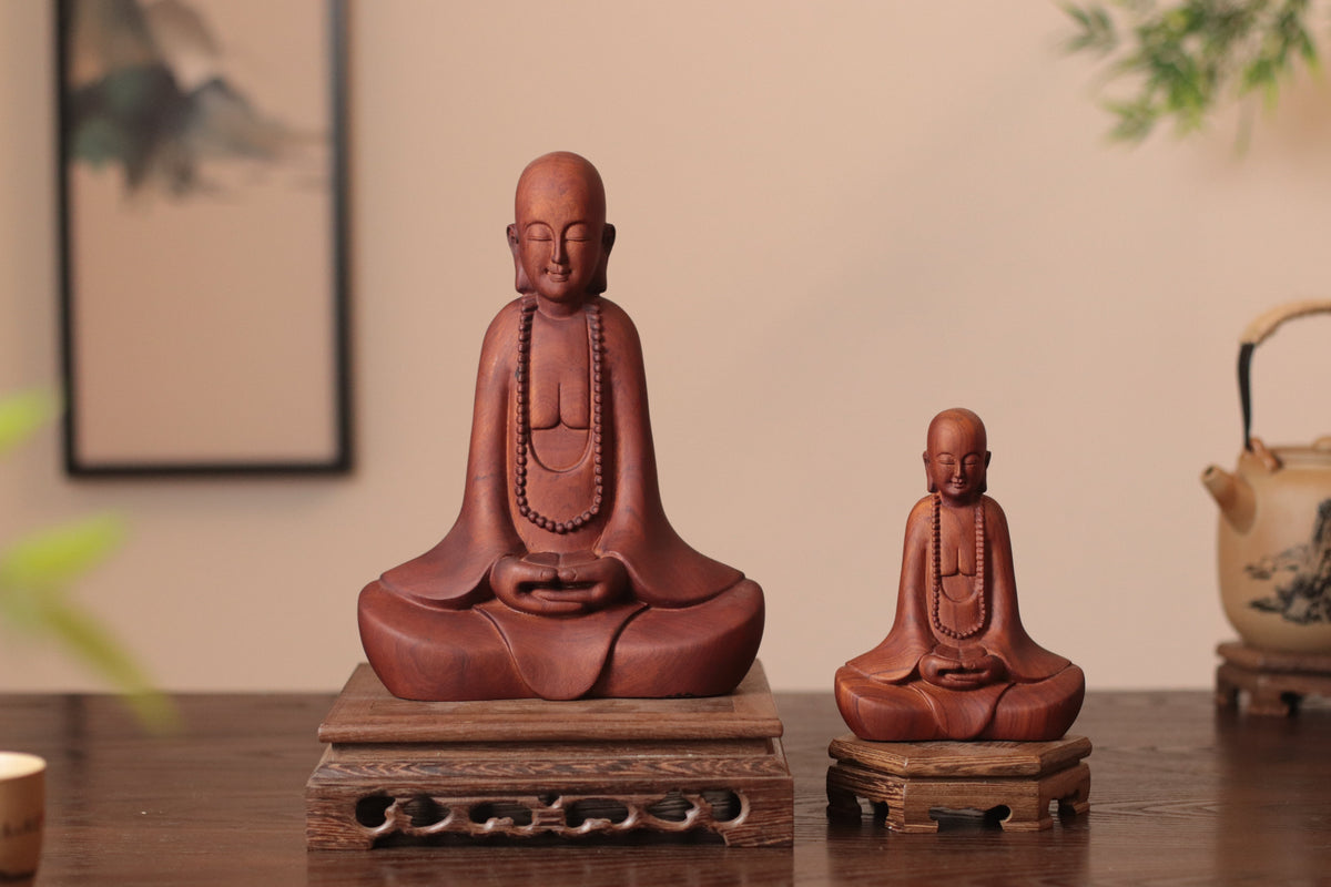 Hand Carved Wooden Zen Monk Statue, Serene Home Decor