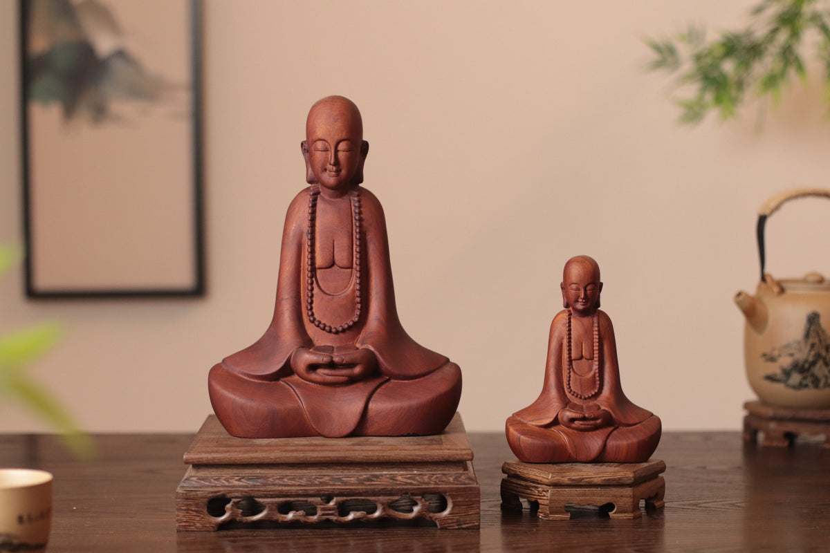 Hand Carved Wooden Zen Monk Statue, Serene Home Decor