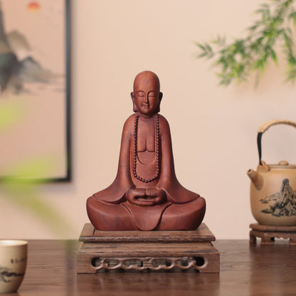 Hand Carved Wooden Zen Monk Statue, Serene Home Decor