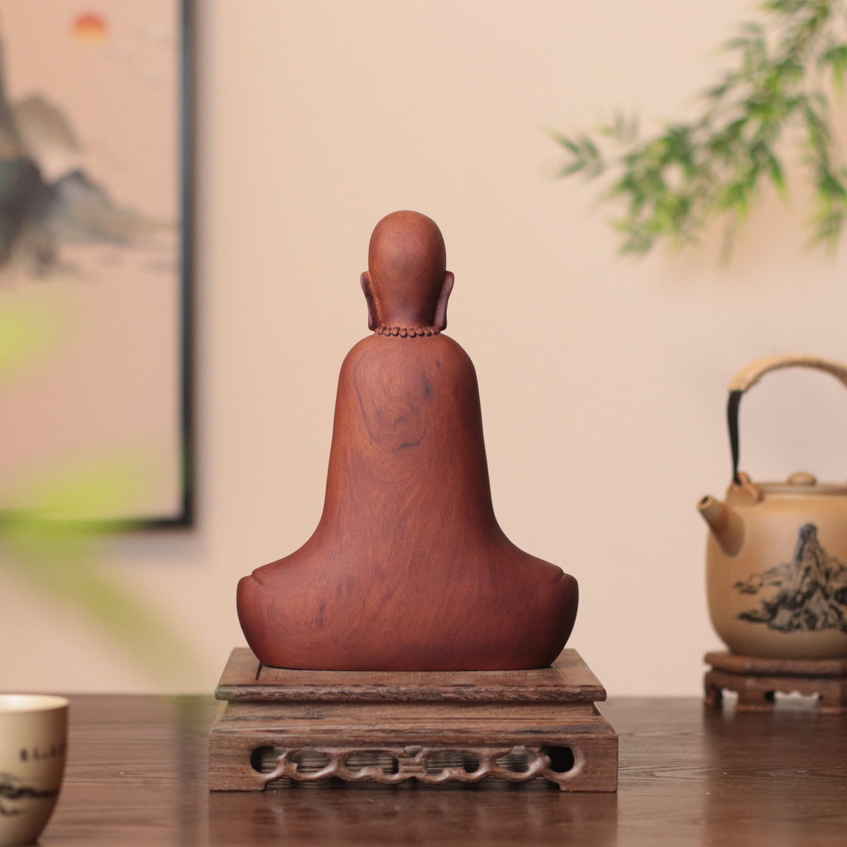 Hand Carved Wooden Zen Monk Statue, Serene Home Decor