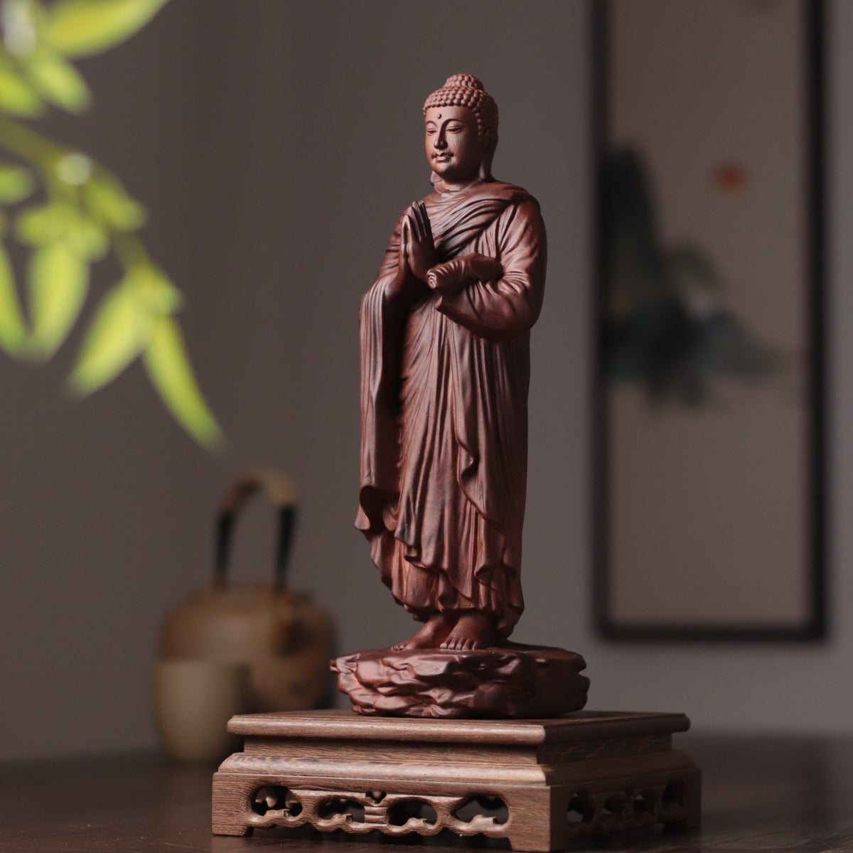 Standing Shakyamuni Buddha Statue - Kiaat Wood, 11.8-Inch – additional view 2